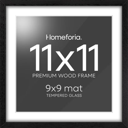 Homeforia 11x11 Black Wood Frame, High-End Oak 11 x 11 Square Picture Frames with Mat 9 by 9 inch