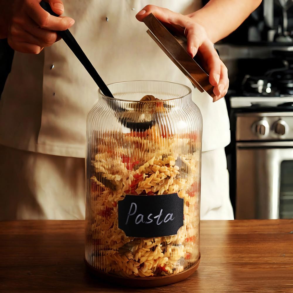 SAIOOL 2-Pack Striped Borosilicate Glass Airtight Canisters - Big mouth Large Capacity, Acacia Wood