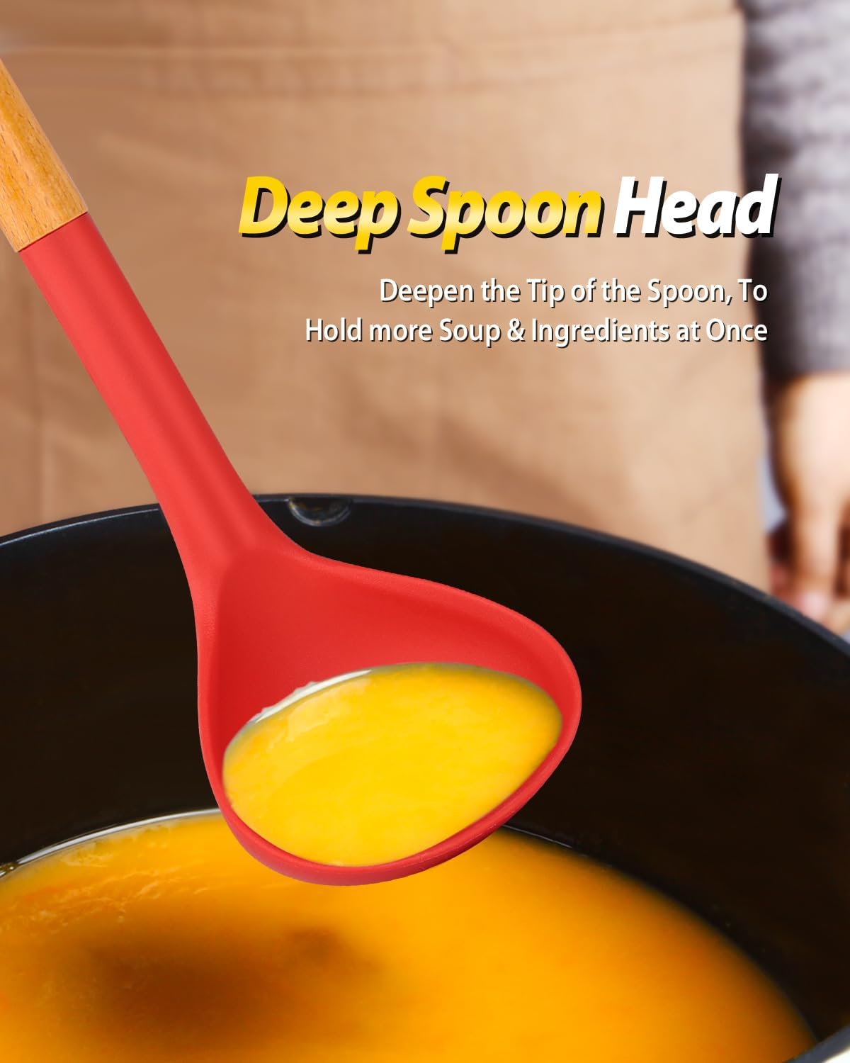 Silicone Pasta Fork and Ladle Spoon Set with Wooden Handle, Heat Resistant Non Stick Kitchen