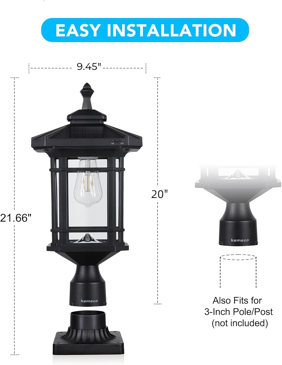 Kemeco Solar Post Light Outdoor, ST4338Q Dusk to Dawn Post Lamp Solar Powered with Pier Mount Base