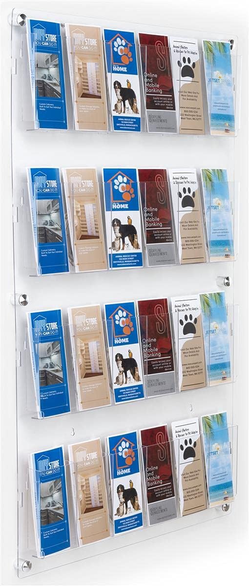 Displays2go Acrylic Brochure Rack, Wall-Mount, 4-Tiered, 12 to 24 Adjustable Pockets - Clear