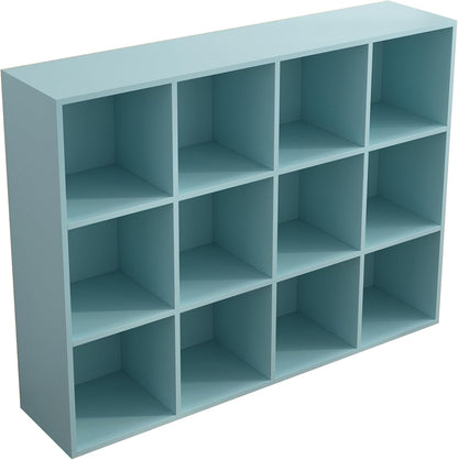 12-Cube Storage Shelf Bookcase - Wooden 3-Tier Floor Standing Open Bookshelf for Home and Office