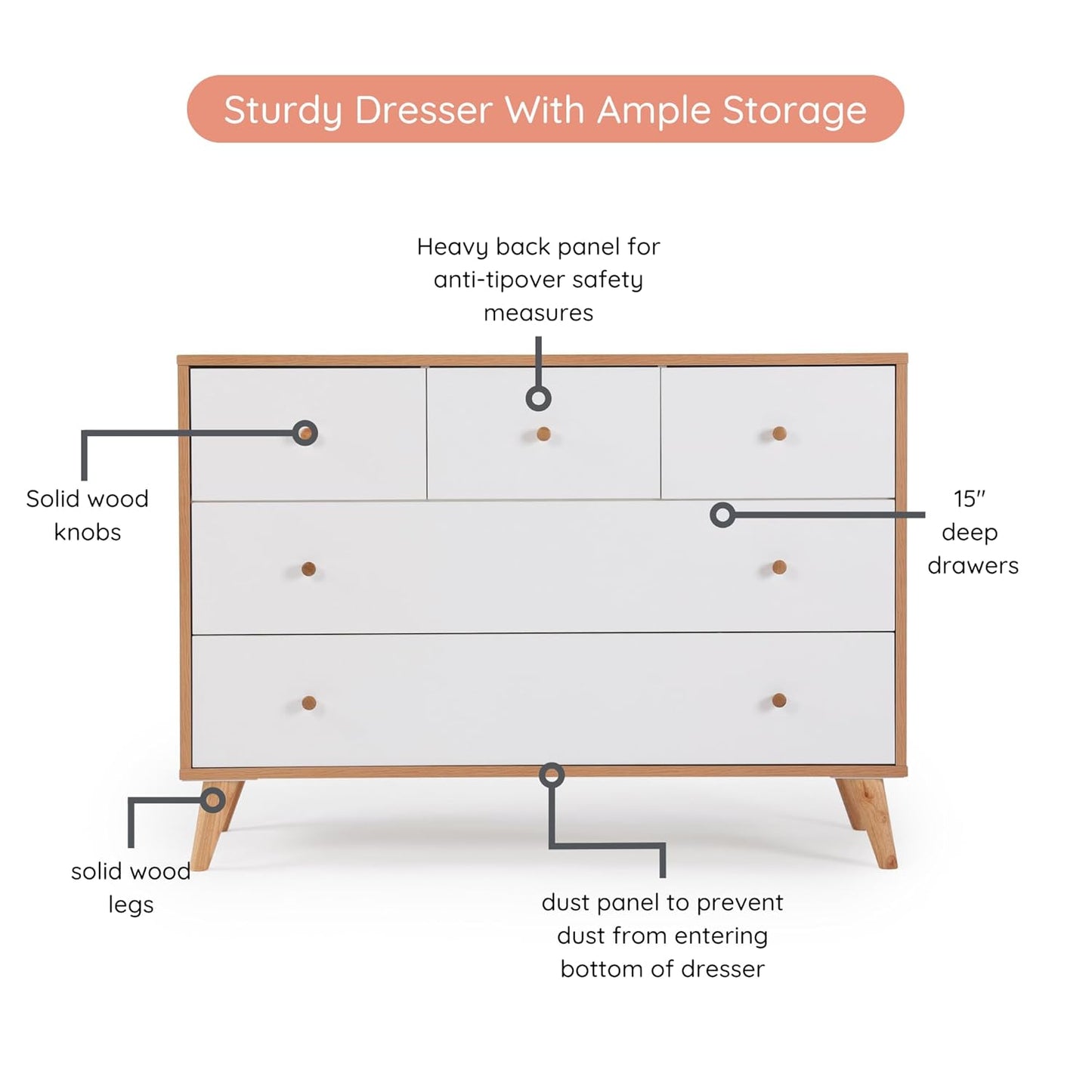 dadada Austin 5-Drawer Dresser for Nursery and Bedroom - Modern Design, Large Storage, Baby-Safe