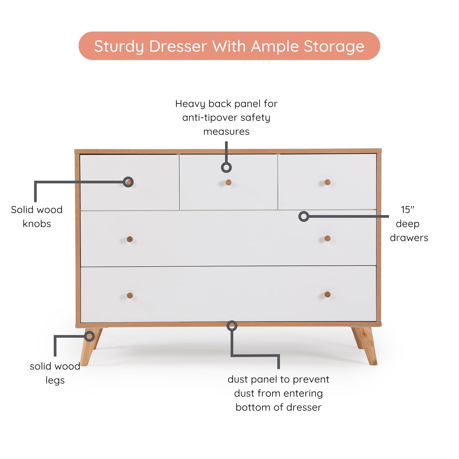 dadada Austin 5-Drawer Dresser for Nursery and Bedroom - Modern Design, Large Storage, Baby-Safe