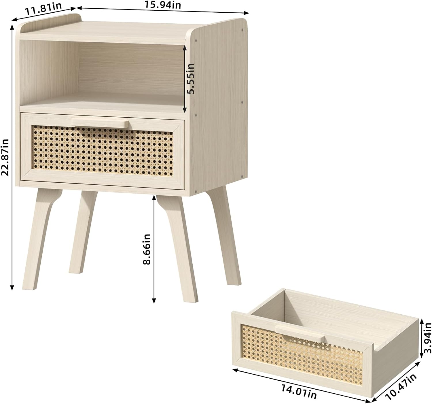 Lerliuo Rattan Nightstand, Side Table with Drawer Open Shelf, Cane Accent Bedside End Table with