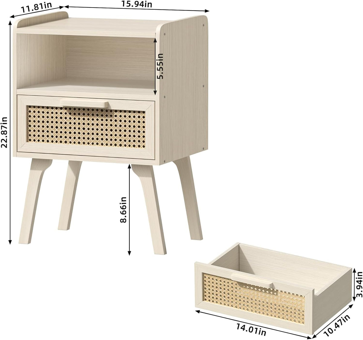 Lerliuo Rattan Nightstands Set of 2, Side Table with Drawer Open Shelf, Cane Accent Bedside End