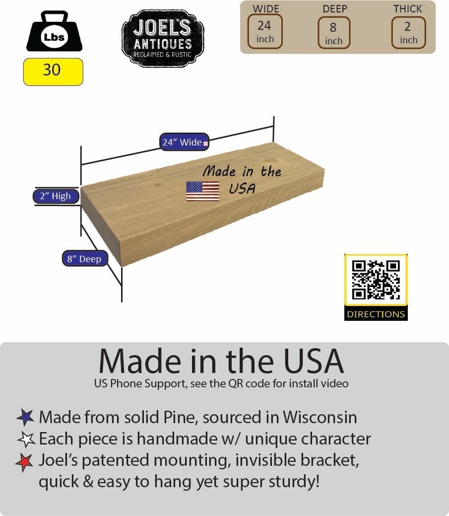 joelsantiques 24 Inch Wooden Floating Shelves for Wall - 24x8x2 in - Made of Natural Wood - Short