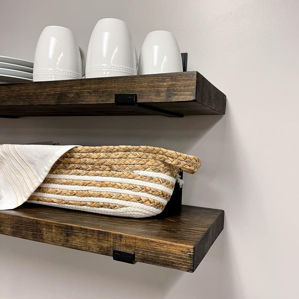 Rustic Shelves with J-Brackets Set of 2, Industrial Shelf, Kitchen Shelves, Solid Wood, Decorative