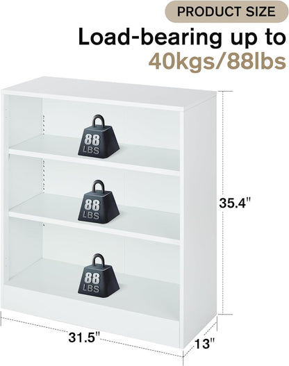 3-Tier Bookshelf with Adjustable Shelves, White Metal Space Saving Storage Shelf Bookcase, Small