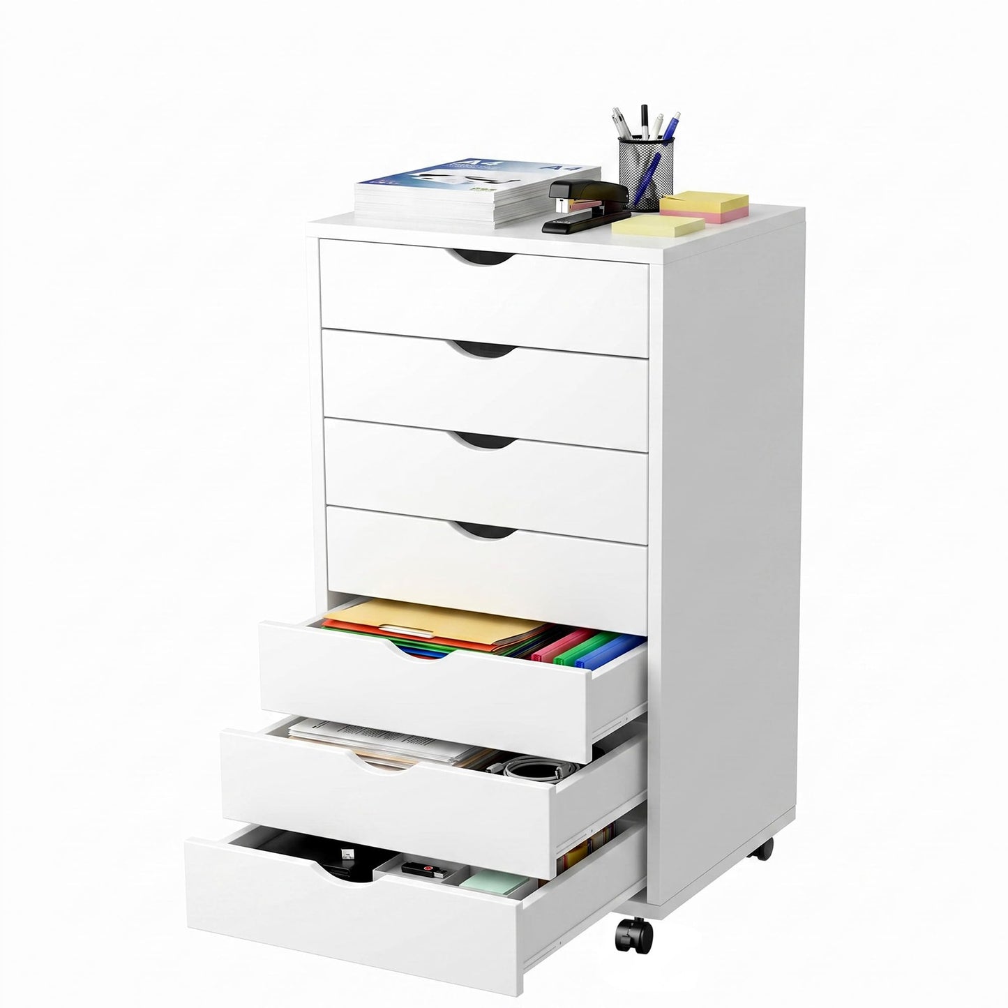 7 Drawer Mobile File Cabinet with Wheels, Office Storage Drawers, White