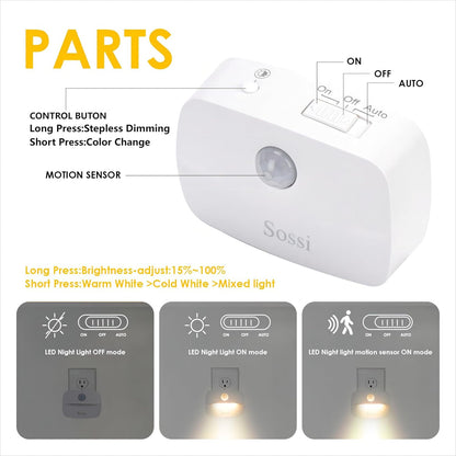 Sossi Motion Sensor Night Light Plug in 4 Pack,10-60Lm Stepless Dimming,3 Light Modes with Memory