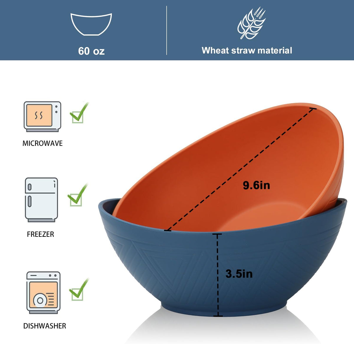 65oz Big Salad Bowls - Large Wheat Straw Bowls set of 6 - Unbreakable Serving Bowls - Microwave &