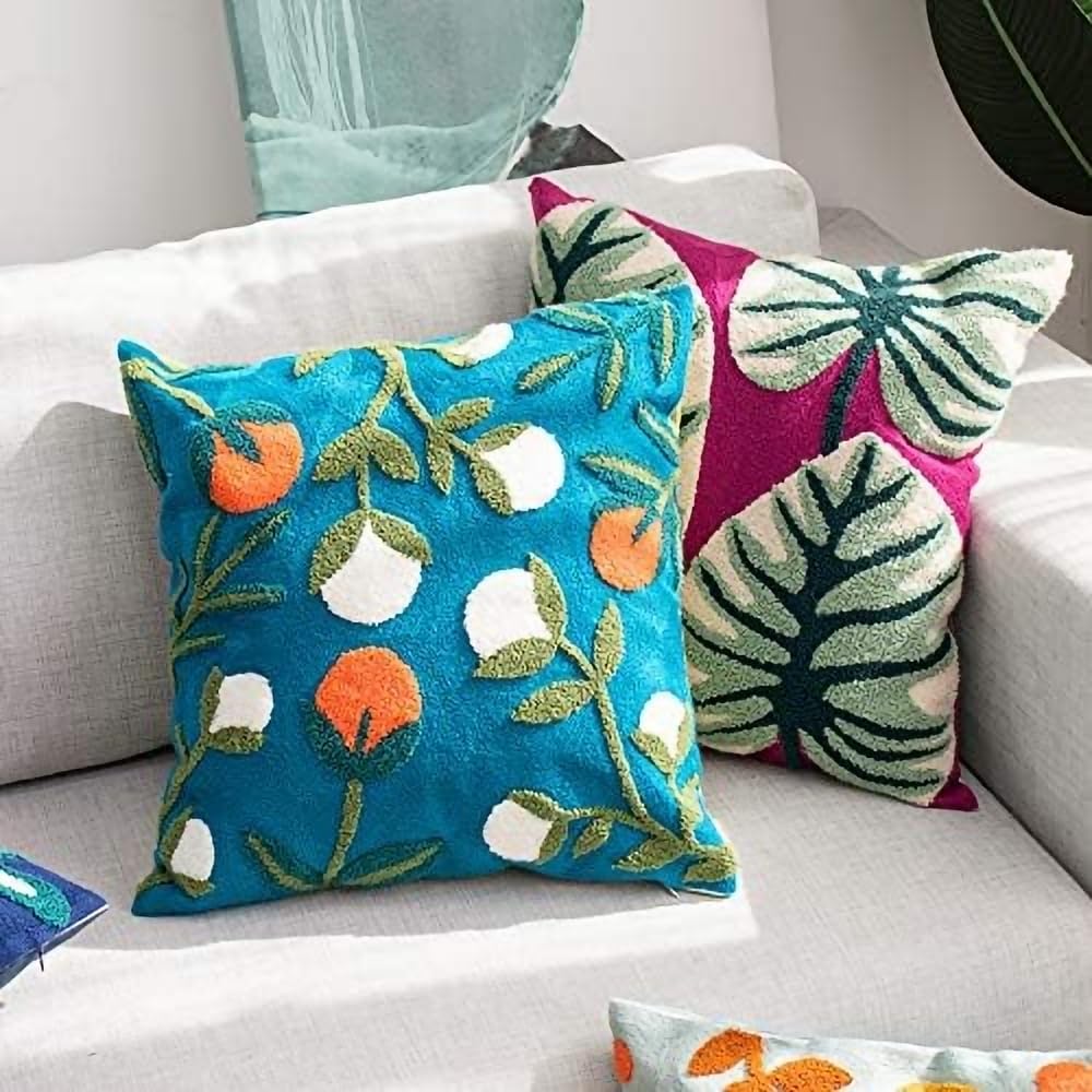 MOCOFO Canvas Embroidered Throw Pillow Cover with Flower Spring Embroidery Craft Modern Simple Sofa