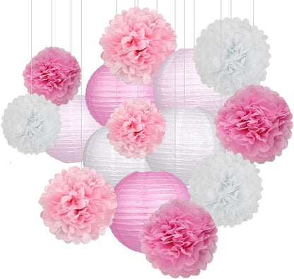 15Pcs Party Pack Paper Lanterns and Pom Pom Balls Hanging Decoration for Wedding Birthday Baby