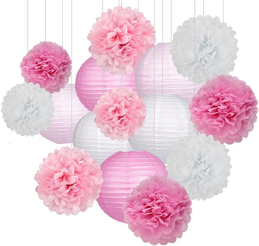 15Pcs Party Pack Paper Lanterns and Pom Pom Balls Hanging Decoration for Wedding Birthday Baby