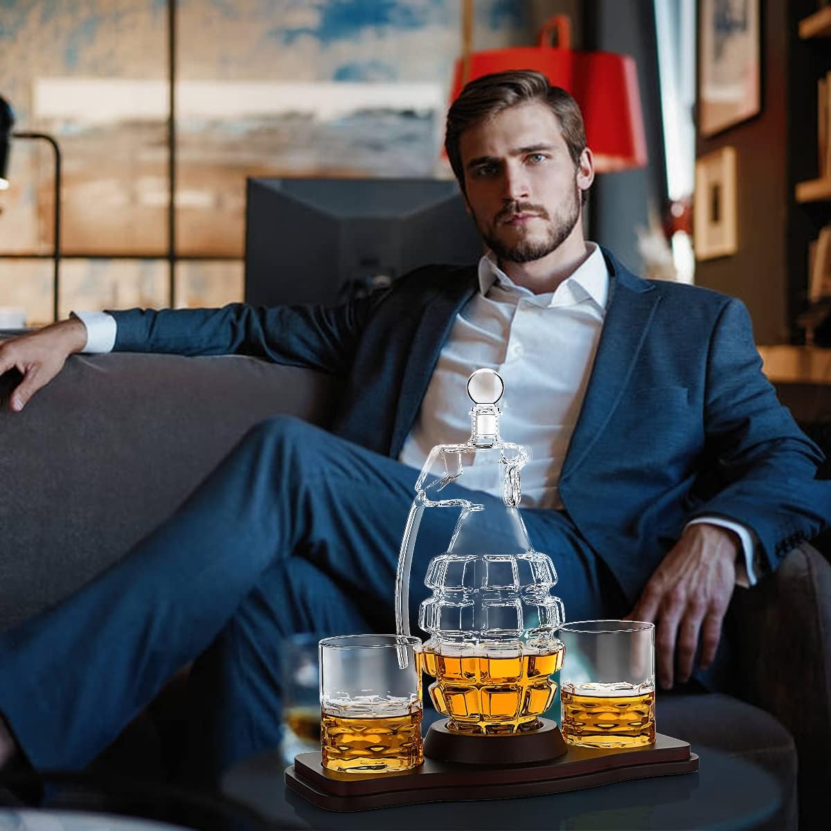 Whiskey Decanter Set Grenade Shaped Liquor Decanter Set with 2 Glasses - Scotch Bourbon Drinking