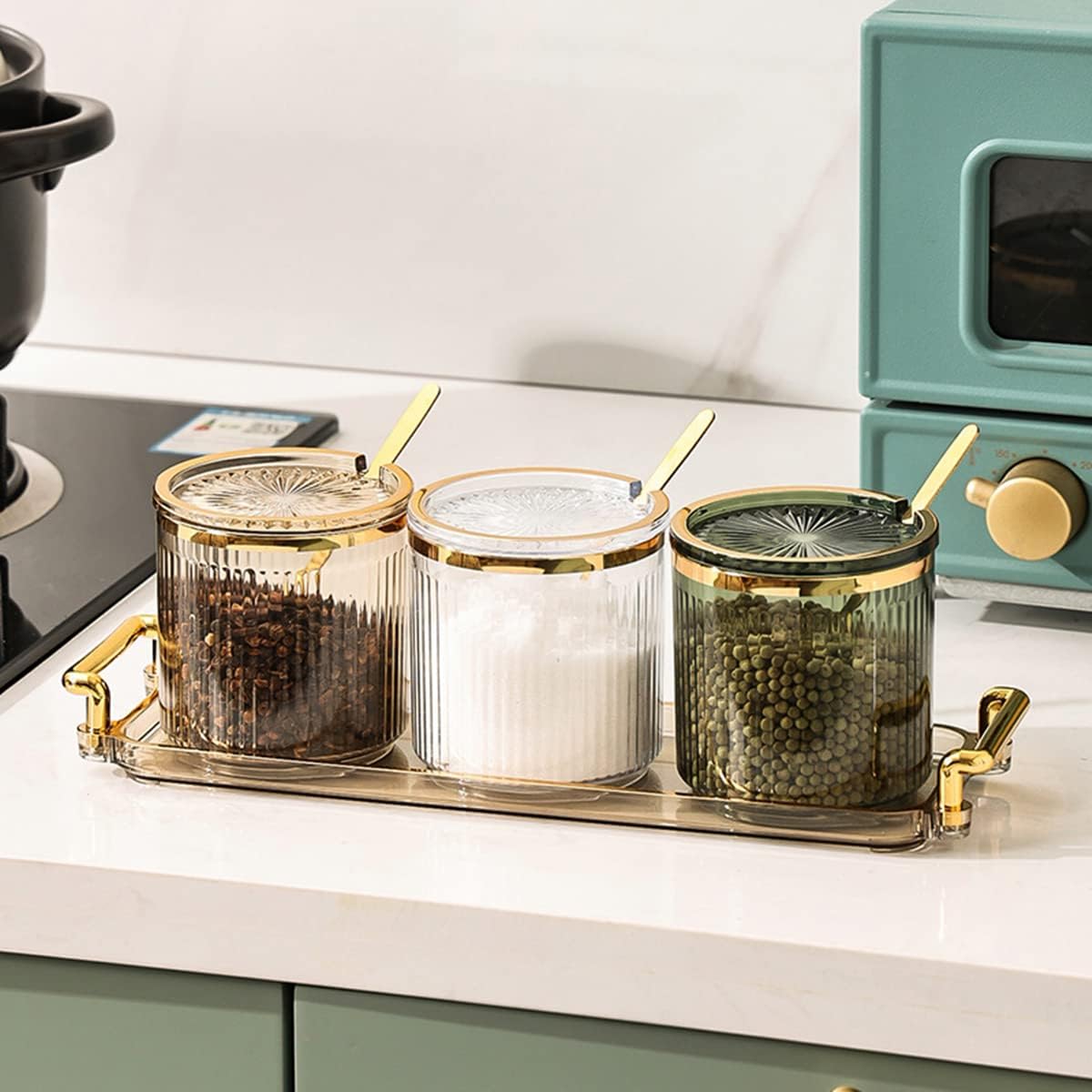 Acrylic Condiment Spice Jars,Condiment Spice Box With Lids and Spoons and Tray,Clear Plastic