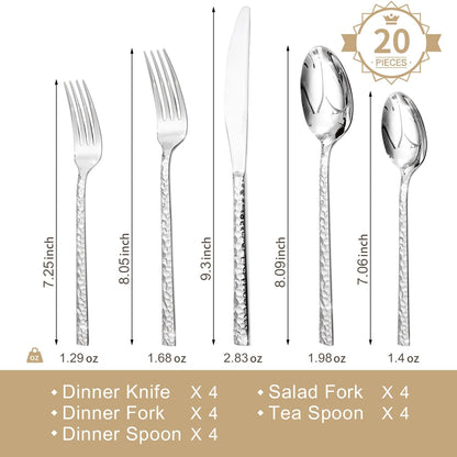 KINGSTONE 20 Piece Hammered Silverware Set, 18/10 Stainless Steel Flatware Set for 4, Cutlery Set