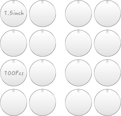 Senbota100 Pcs 1.5 inch Clear Small Circles Acrylic Blank 2mm Thick Round Sheets with Holes for