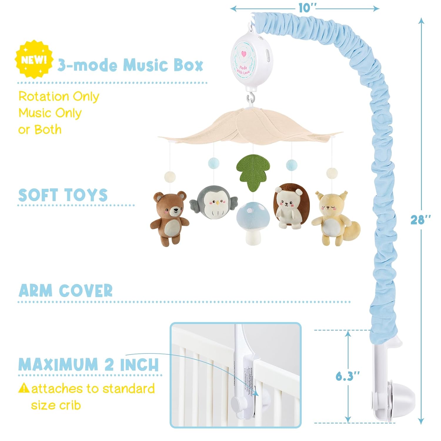Woodland Crib Mobile – Forest Animals Baby Mobile for Crib with Upgraded 3-Mode Music Box, Blue