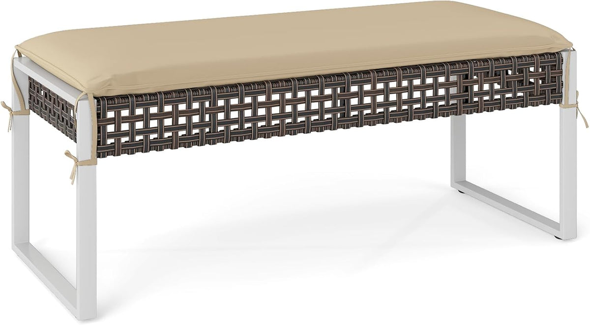 Tangkulka Outdoor Ottoman, Patio Rattan Heavy Duty Wicker Footrest with Soft Cushion & Metal Frame