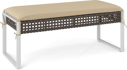 Tangkulka Outdoor Ottoman, Patio Rattan Heavy Duty Wicker Footrest with Soft Cushion & Metal Frame