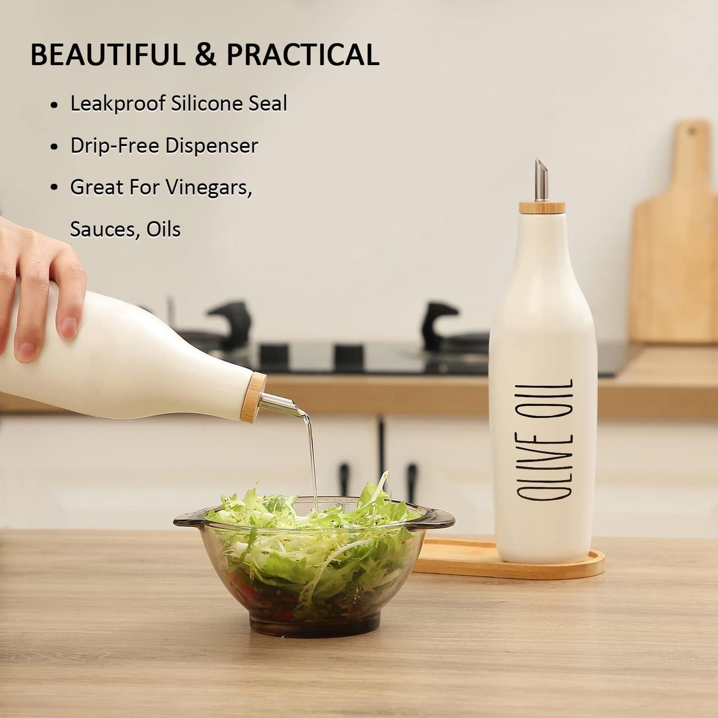 HOMCDALY Ceramic Olive Oil Dispenser for Kitchen, Stoneware 16oz Oil Cruet and Vinegar Bottles