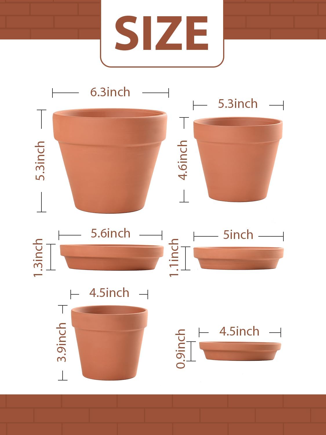 INGOFIN Terracotta Pots Set with Saucer - 5/6/7 inch Ceramic Clay Planters with Drainage Hole