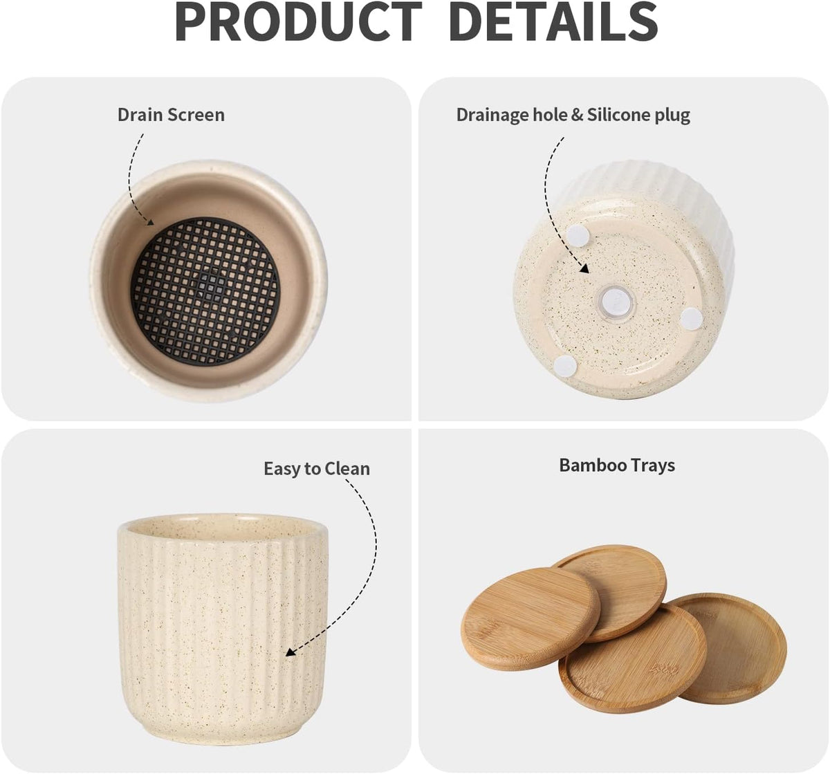 TAMAYKIM 4 Inch Ceramic Plant Pots with Drainage Holes, Modern Flower Planter with Saucer for