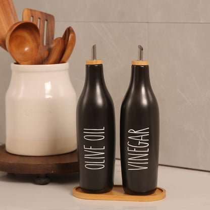 HOMCDALY Olive Oil and Vinegar Dispenser Set, Ceramic Oil and Vinegar Bottles with Bamboo Tray