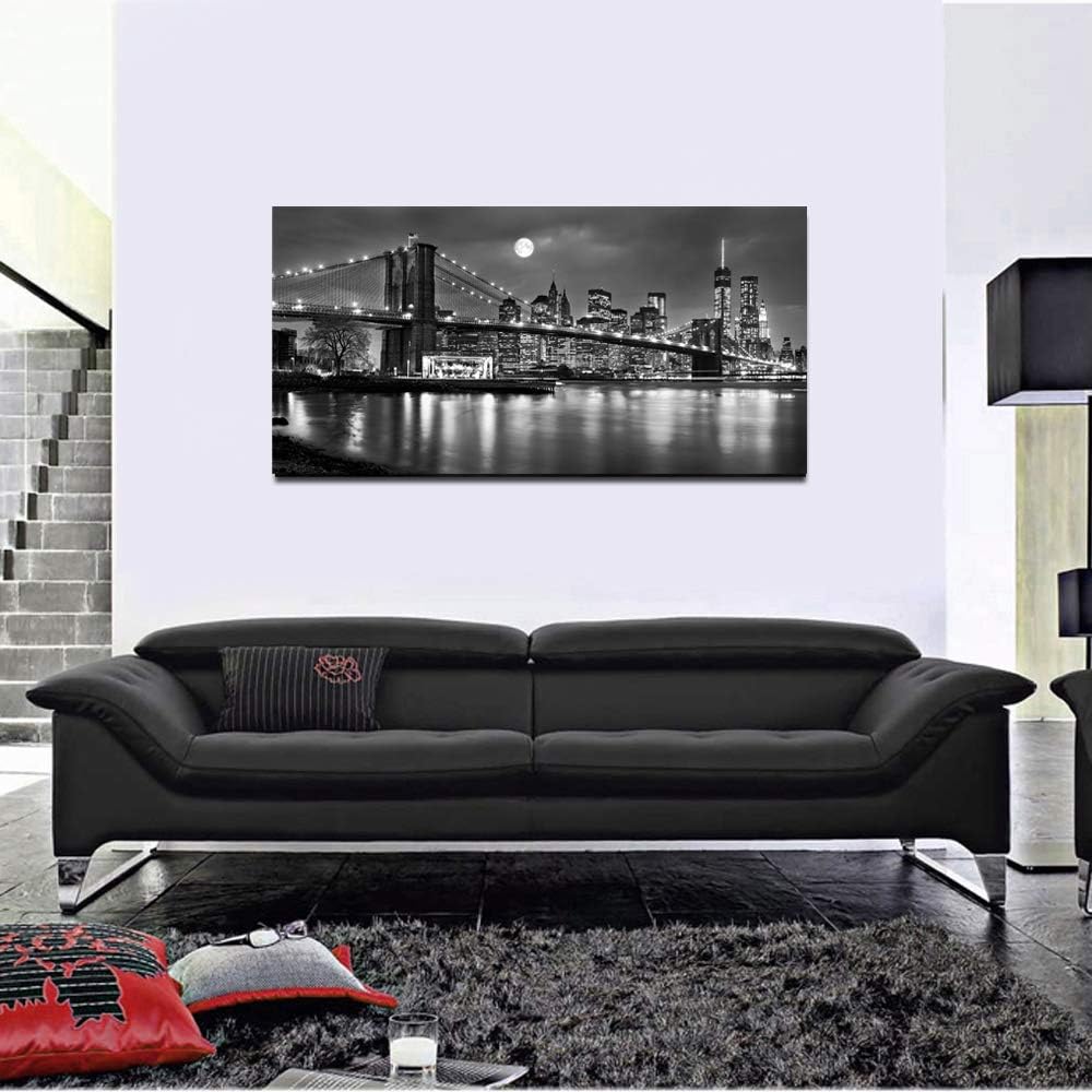 LevvArts - Black and White New York Picture Brooklyn Bridge Canvas Wall Art Full Moon Night