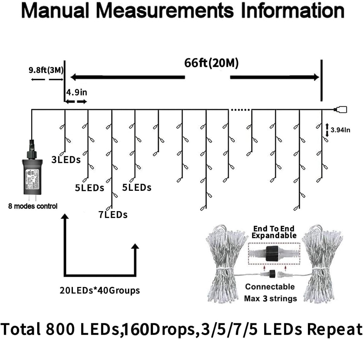 YEGUO 66ft 800 LED Red and Green Icicle Lights Outdoor Waterproof, 160 Drops Icicle String Lights