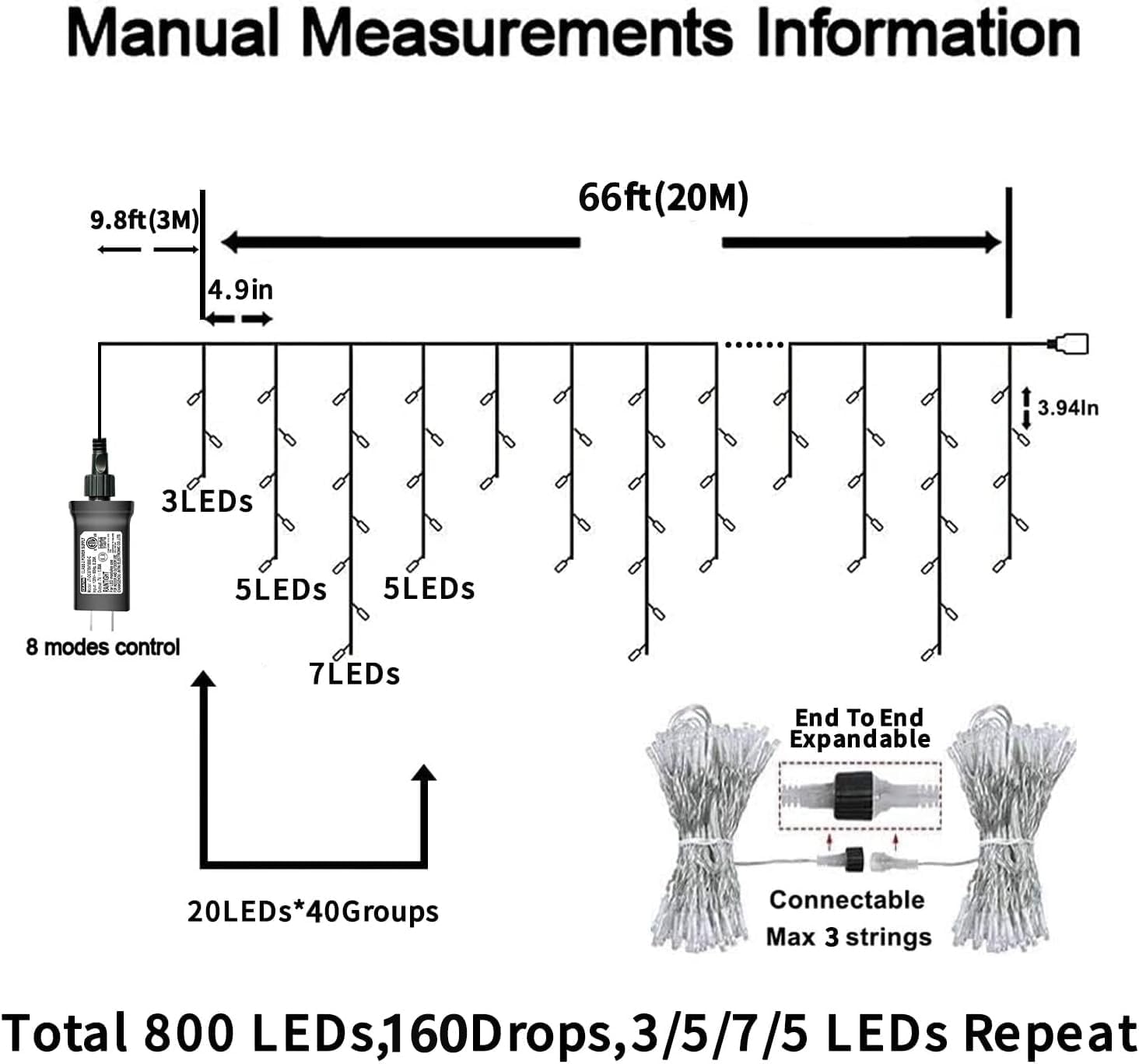 YEGUO 66ft 800 LED Red and White Icicle Lights Outdoor Waterproof, 160 Drops Icicle String Lights