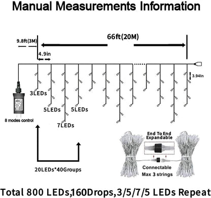 YEGUO 66ft 800 LED Red and White Icicle Lights Outdoor Waterproof, 160 Drops Icicle String Lights