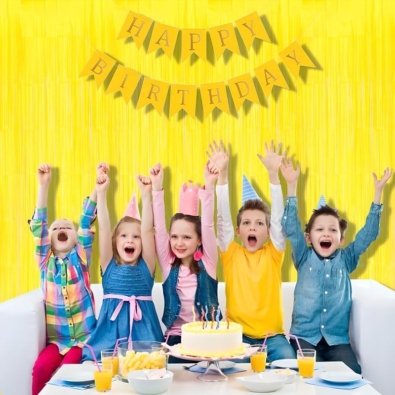BRAVESHINE Foil Fringe Curtain Backdrop - 2 Pack Yellow Tinsel Photo Booth Backdrop Party Streamers