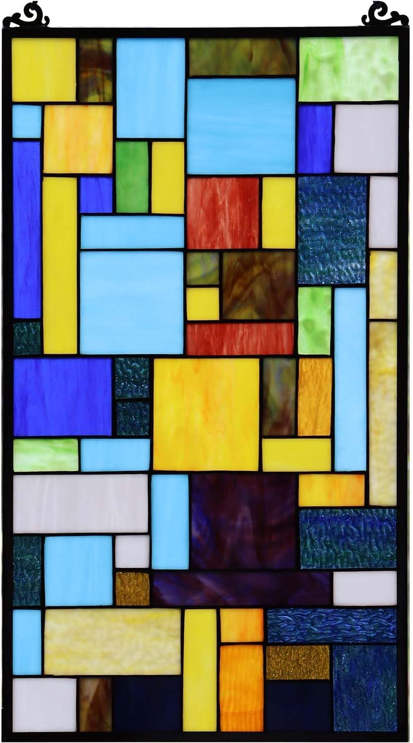 Bieye Geometric Color Block Tiffany Style Stained Glass Window Panel with Hanging Chain (13x24