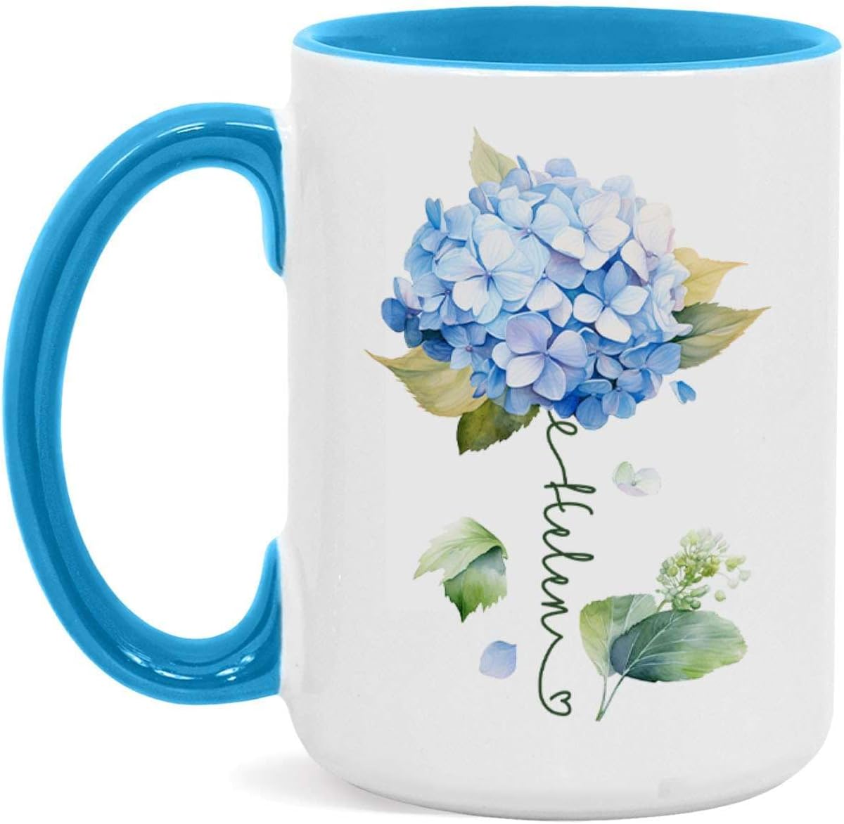 Custom Hydrangea Blossom Design Mug, Personalized Name Blue Flower Coffee Cup, Customized Flower