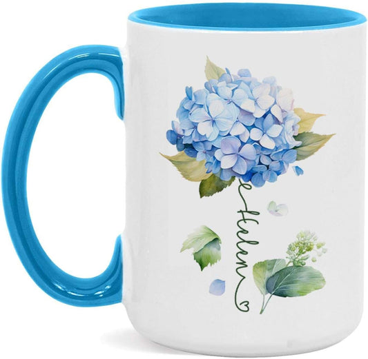 Custom Hydrangea Blossom Design Mug, Personalized Name Blue Flower Coffee Cup, Customized Flower