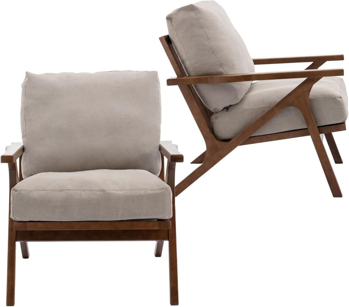 HNY Set of 2 Mid Century Accent Chair, Faux Leather Upholstered Armchair with Wood Frame and Canvas