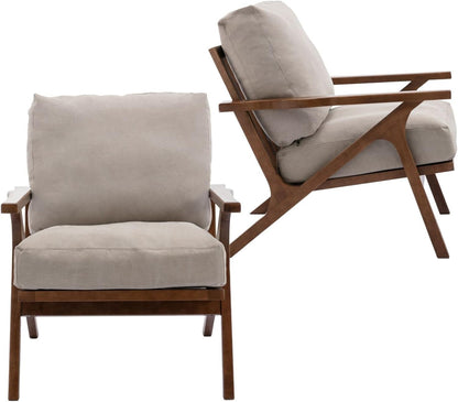 HNY Set of 2 Mid Century Accent Chair, Faux Leather Upholstered Armchair with Wood Frame and Canvas