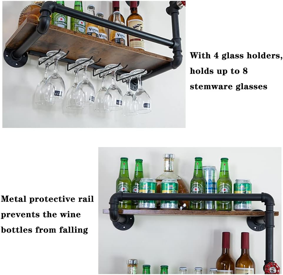 Wine Rack Wall Mounted 2 Tier, Hanging Floating Small Mini Bar Liquor Shelves with Glass Holder