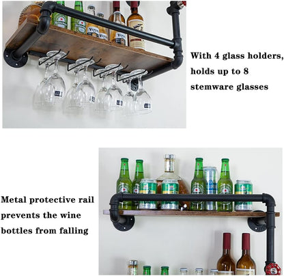 Wine Rack Wall Mounted 2 Tier, Hanging Floating Small Mini Bar Liquor Shelves with Glass Holder