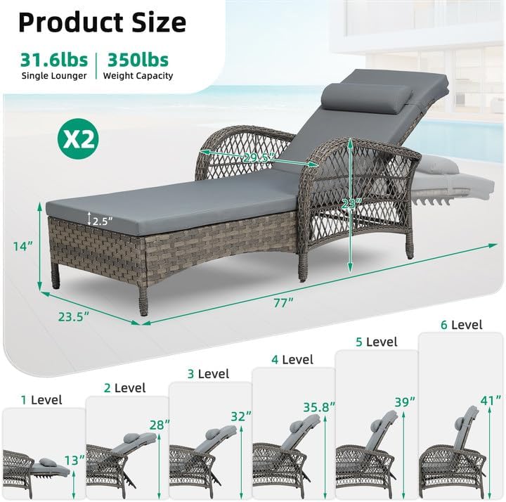 VIVIJASON Outdoor Wicker Chaise Lounge Chair Set of 2, All-Weather PE Rattan Cushioned Patio