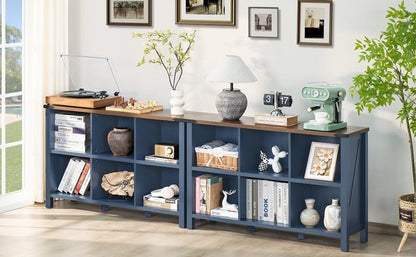 6 Cube Bookcase, Farmhouse Wood Low Storage Organizer Book Shelf, 47" Horizontal Navy Blue Console