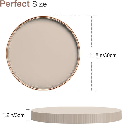 KINGFOM Decorative Serving Tray, PU Leather Valet Nightstand Desk Organizer for Men Women, Round