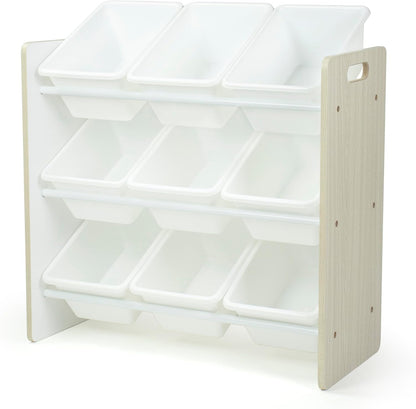 Humble Crew 9-Bin Toy Organizer – Hampton Sandwashed with White Plastic Bins, 3-Tier Storage