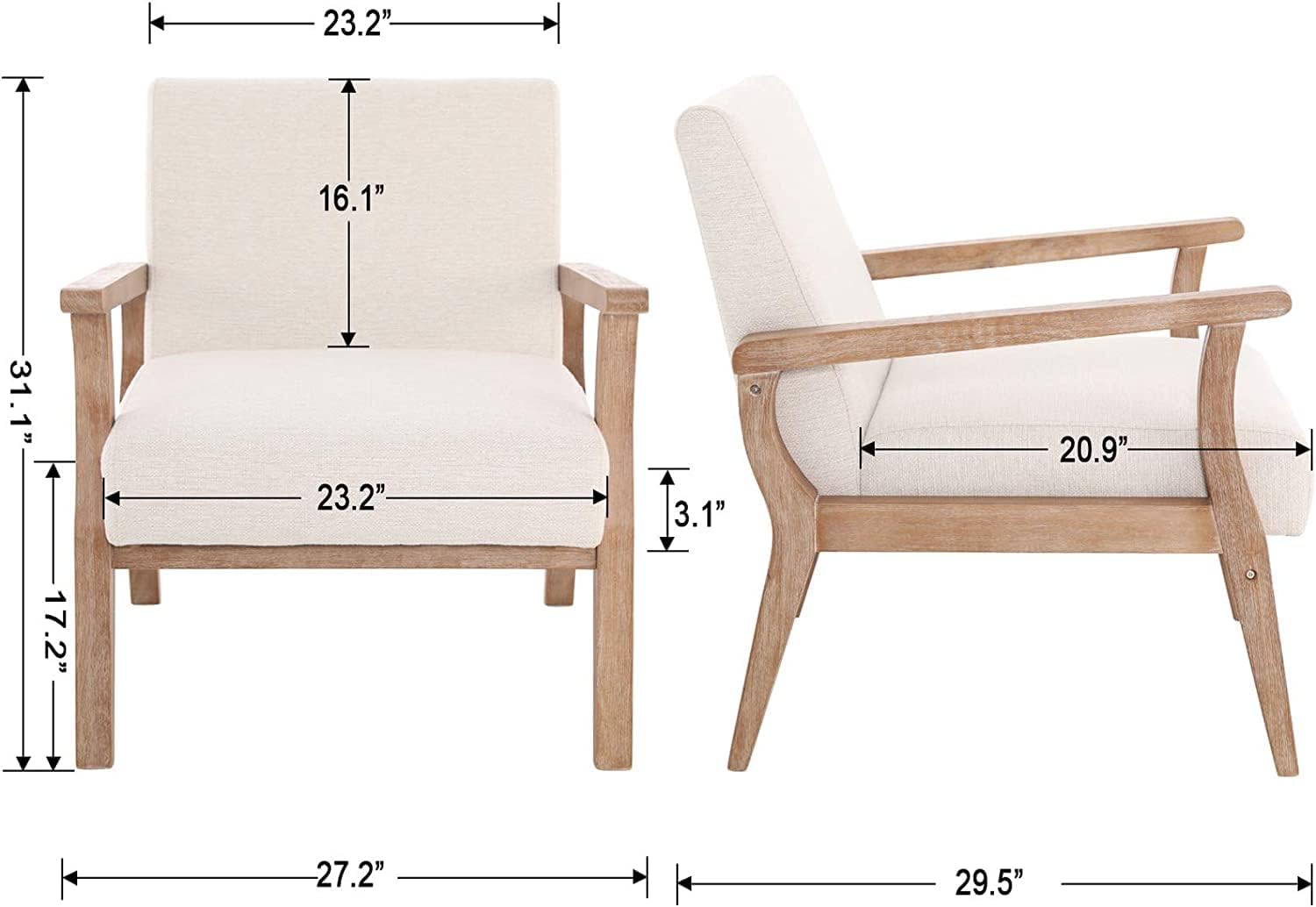 Beige Accent Chair Set of 2 Mid Century Modern Living Room Armchair Wood Sitting Chair Linen Fabric