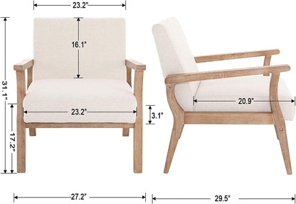 Beige Accent Chair Set of 2 Mid Century Modern Living Room Armchair Wood Sitting Chair Linen Fabric