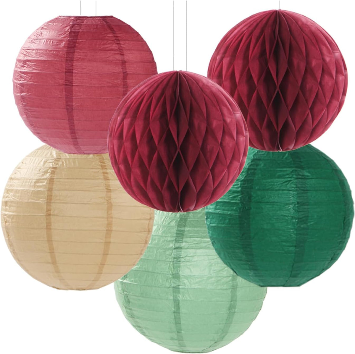 Sage-Olive Green Burgundy Champagne-Gold Party-Decorations - 14pcs Birthday Boho Paper Lanterns Fan