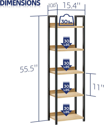 NUMENN Narrow Bookshelf, 5 Tier Bookshelves, Home Office Bookcase Shelf Storage Organizer, Free